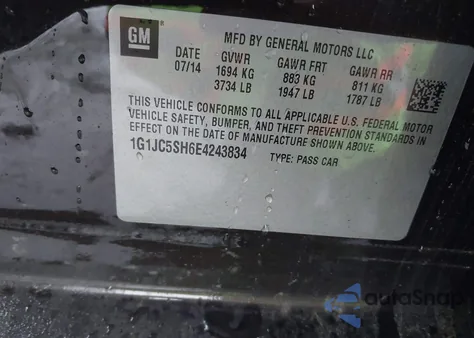 2014 Chevrolet Sonic Lt Auto z USA, uszkodzony, nr VIN 1G1JC5SH6E4243834